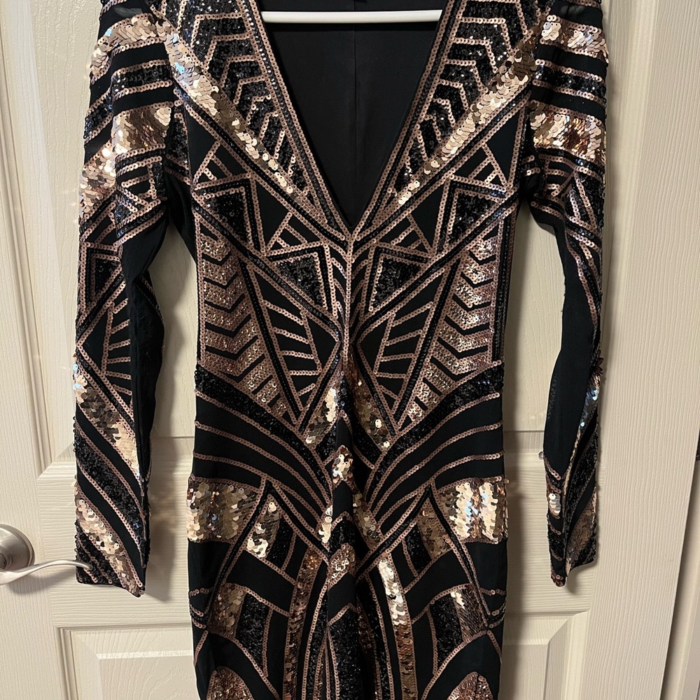 Express Black and Gold Geometric Sequin Dress